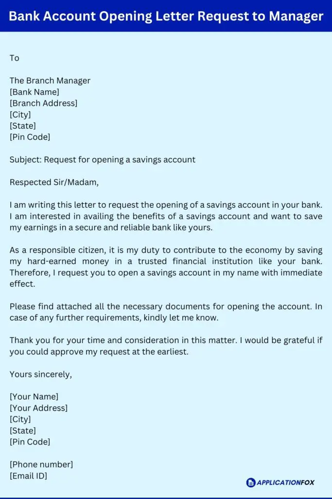 Bank Account Opening Letter Request to Manager