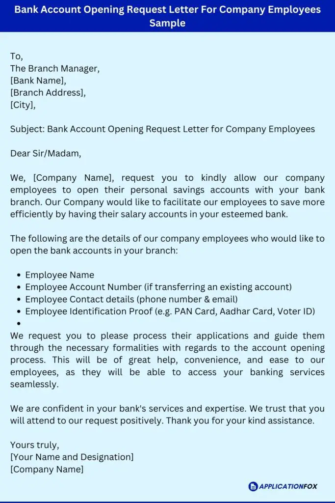 Bank Account Opening Request Letter For Company Employees Sample