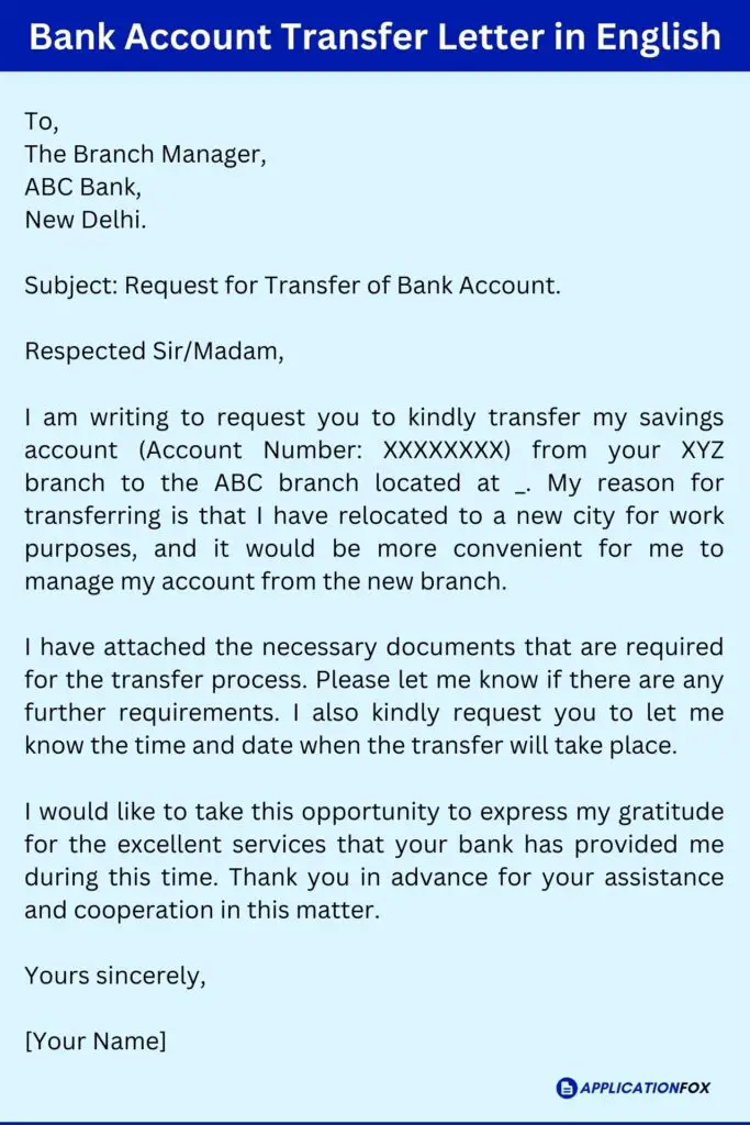 Bank Account Transfer Letter in English