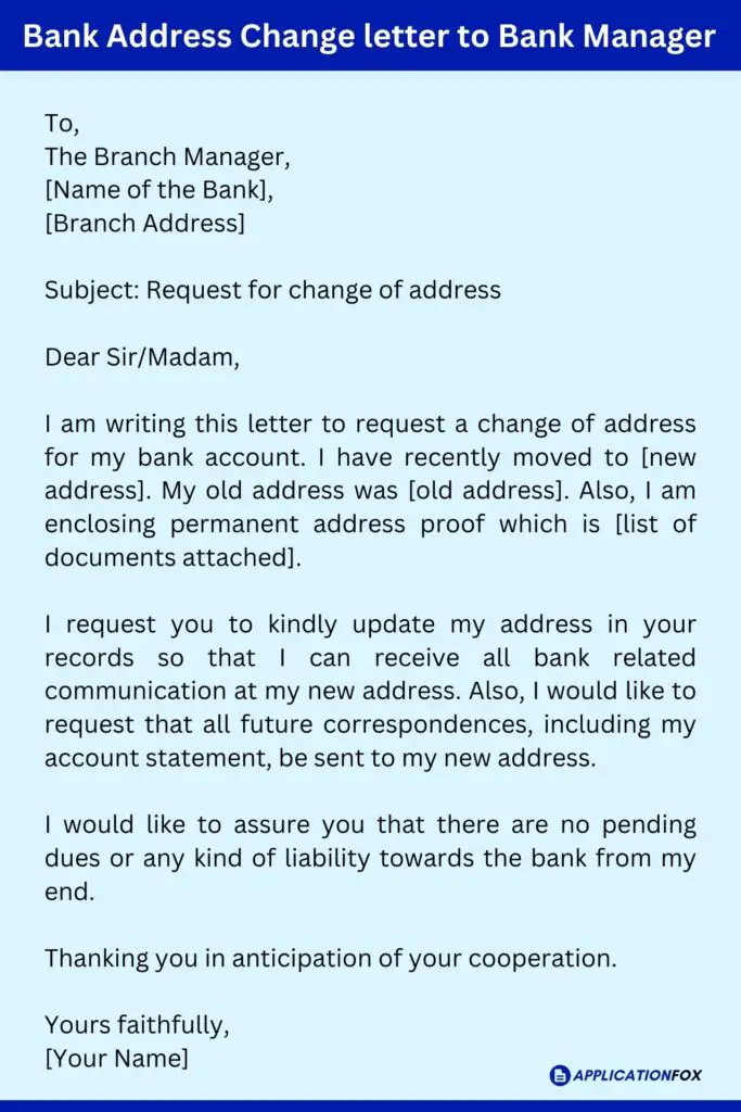Bank Address Change letter to Bank Manager