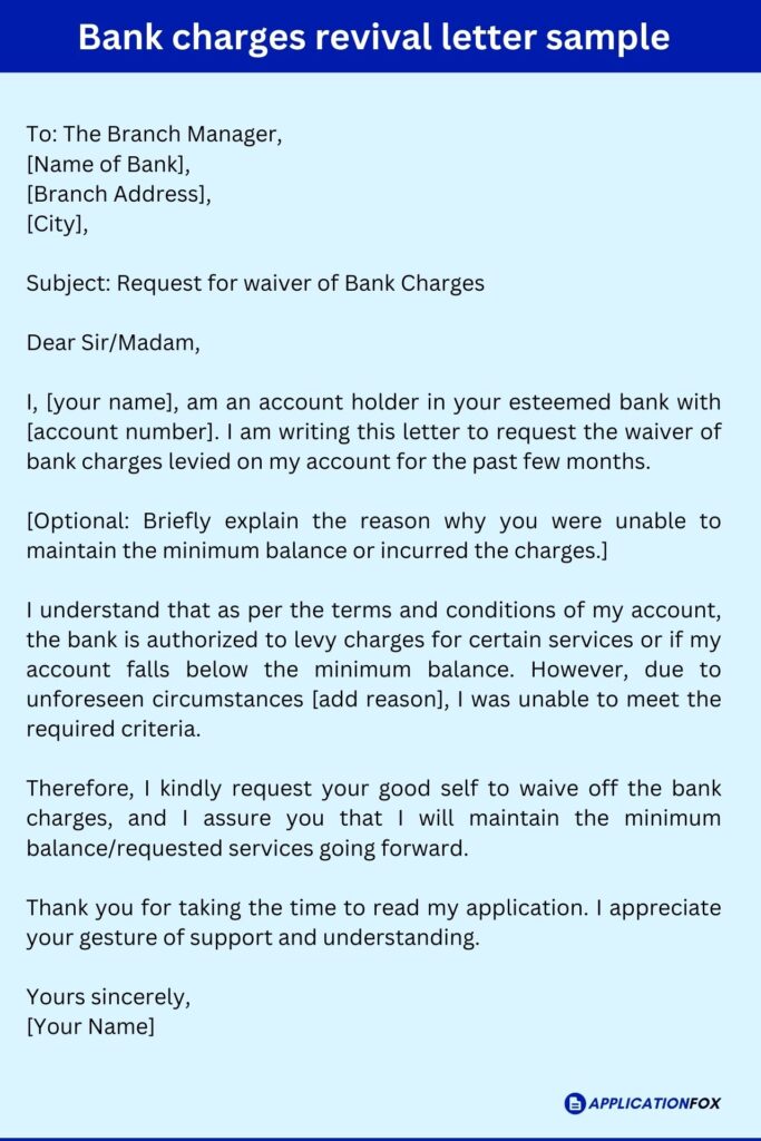 Bank charges revival letter sample