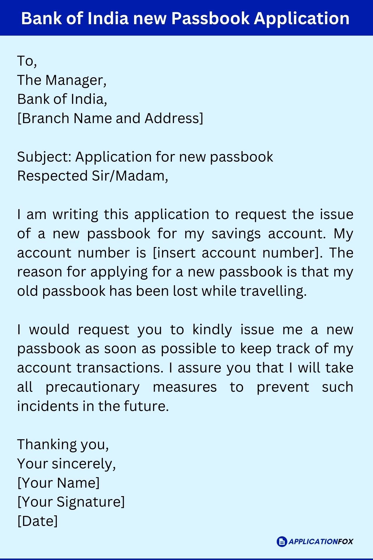 application letter to new passbook