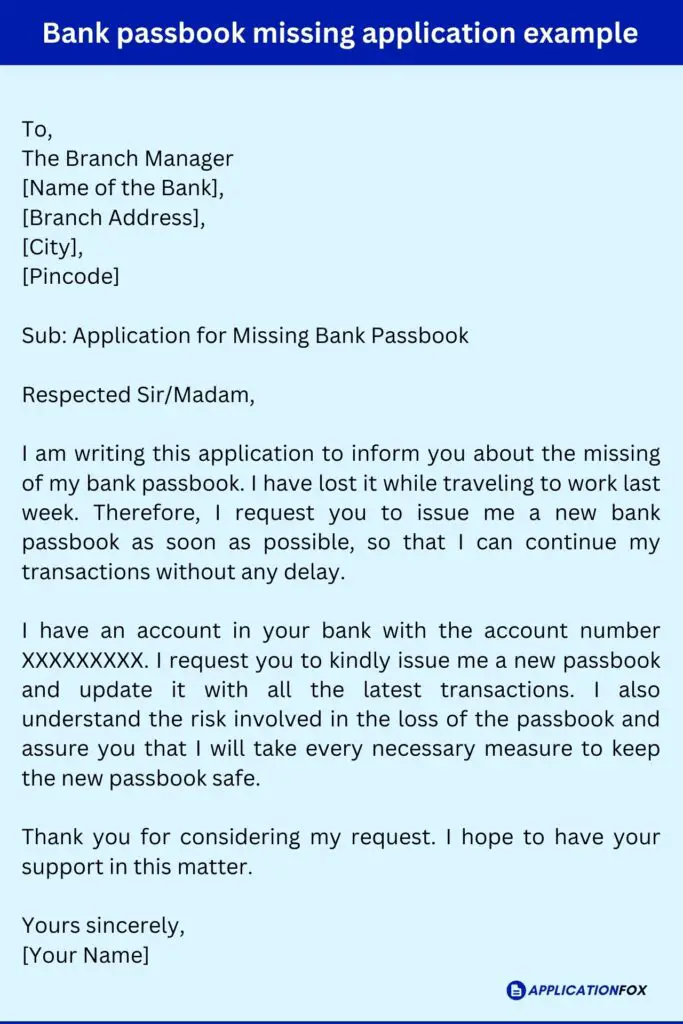 Bank passbook missing application example