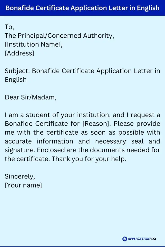 Bonafide Certificate Application Letter in English