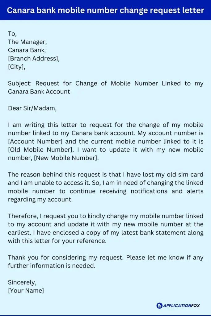 Canara bank mobile number change request letter