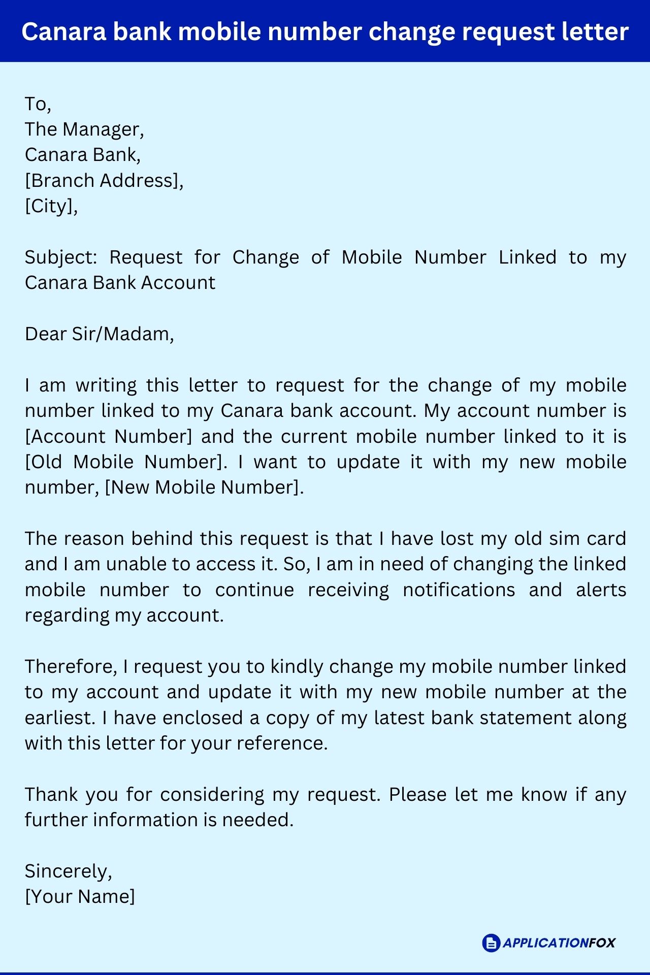 how to write a application letter to bank manager for change of mobile number