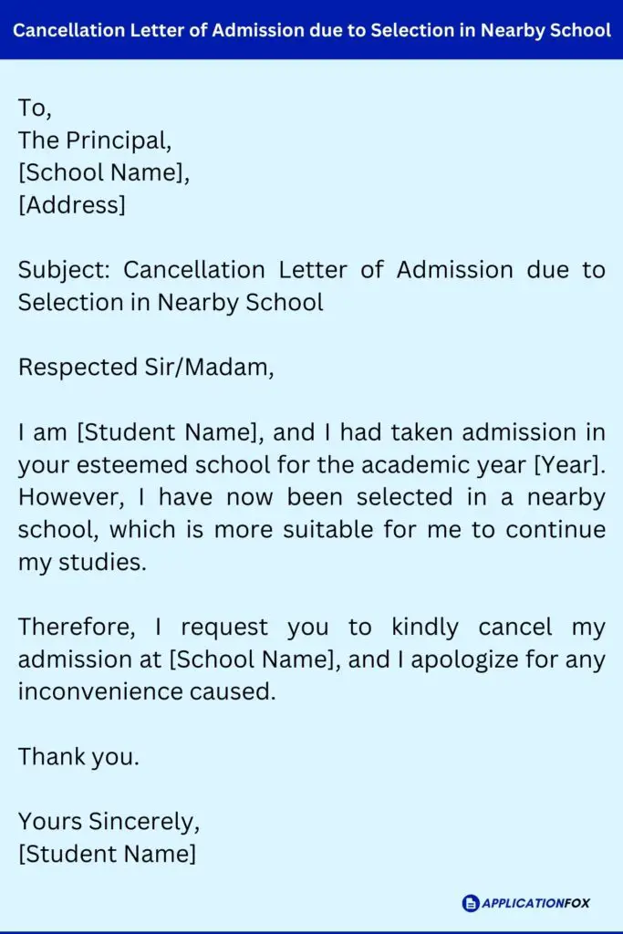 Cancellation Letter of Admission due to Selection in Nearby School