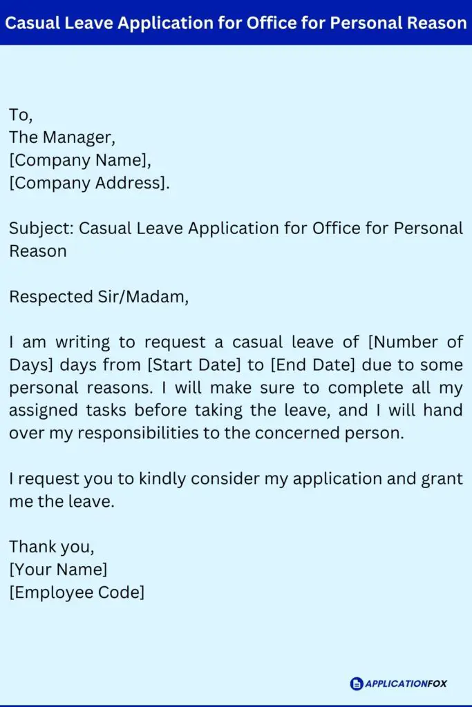 Casual Leave Application for Office for Personal Reason