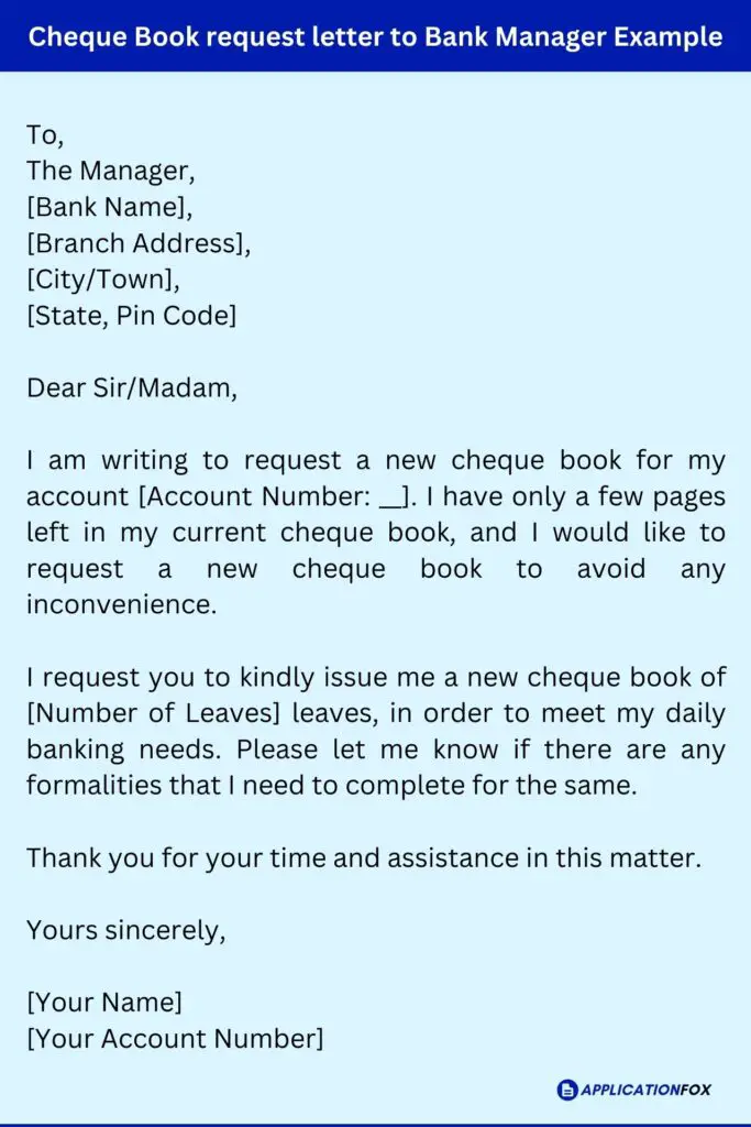 Cheque Book request letter to Bank Manager Example