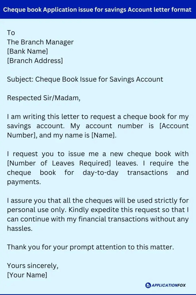 Cheque book Application issue for savings Account letter format
