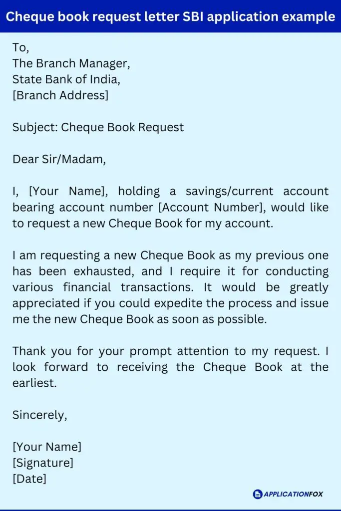 Cheque book request letter SBI application example