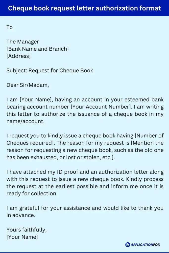 Cheque book request letter authorization format
