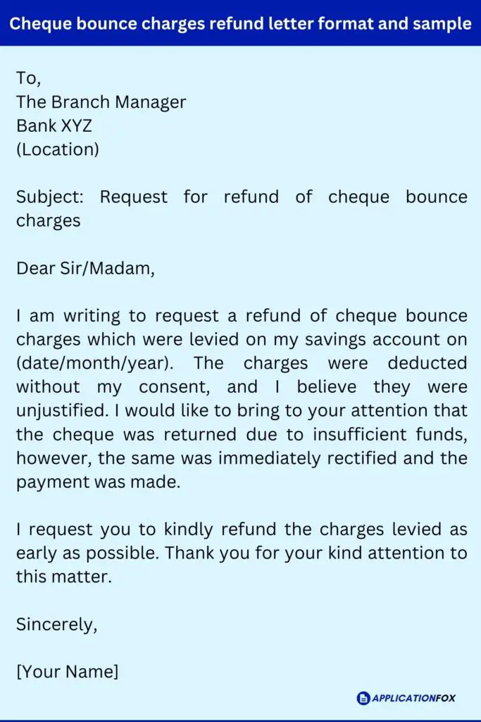 Cheque bounce charges refund letter format and sample