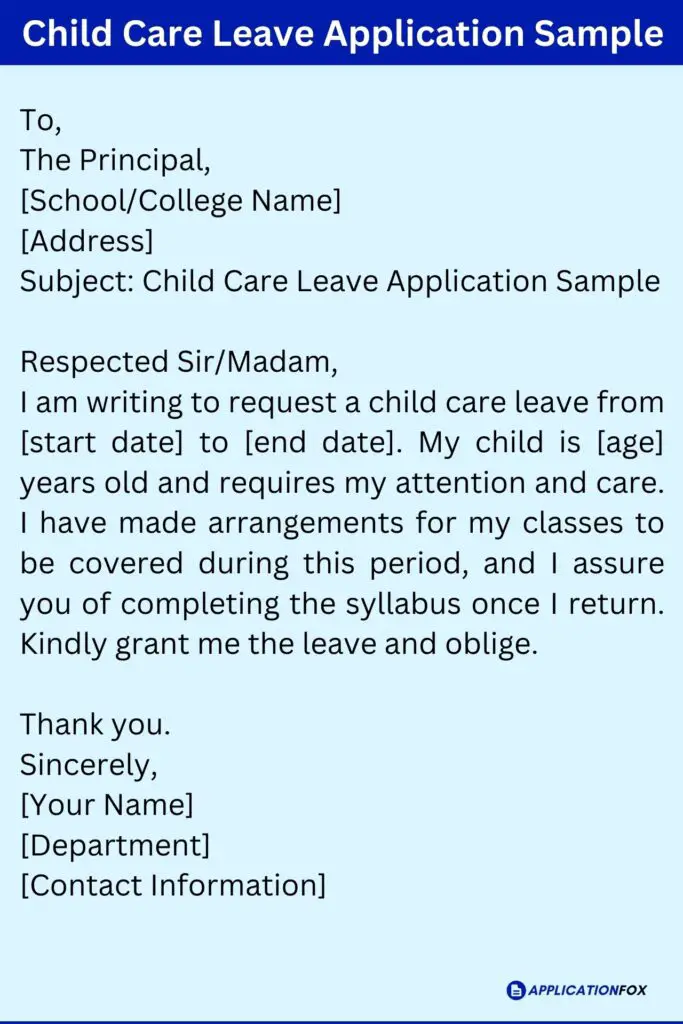 child care leave application letter sample in english