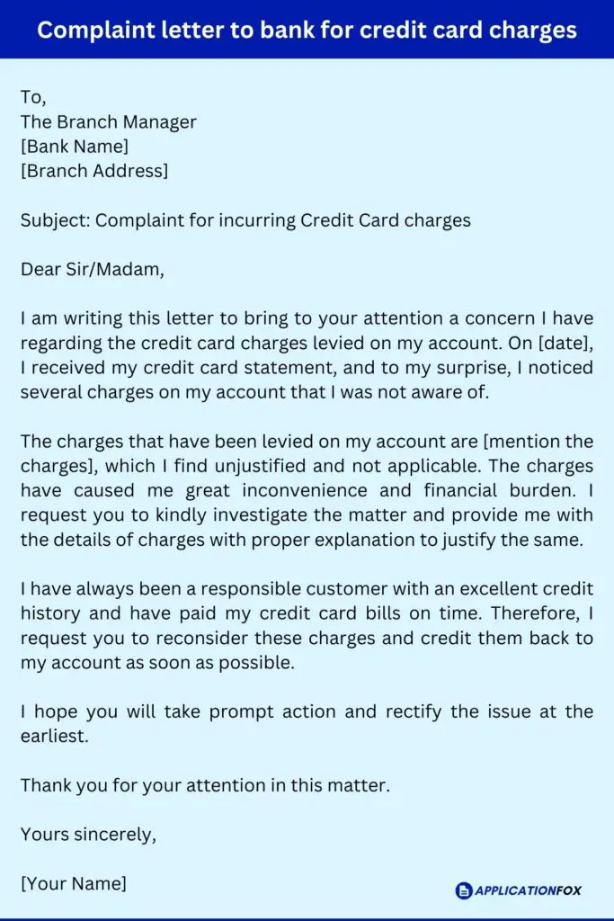 Complaint letter to bank for credit card charges