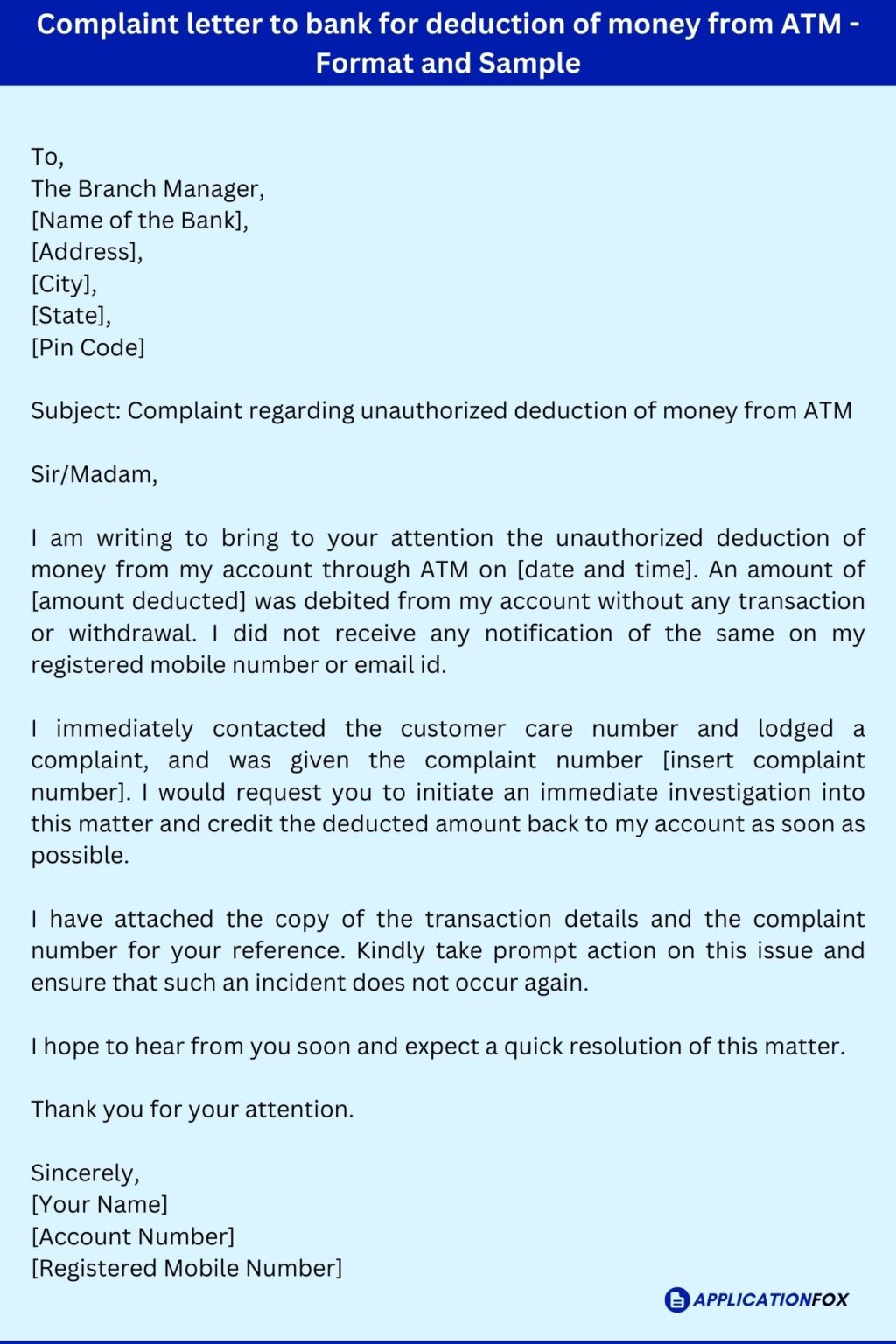 (8+) Application to the Bank Manager for Refund of Money