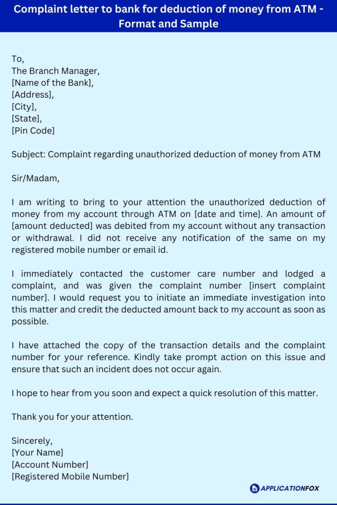 Complaint letter to bank for deduction of money from ATM - Format and Sample