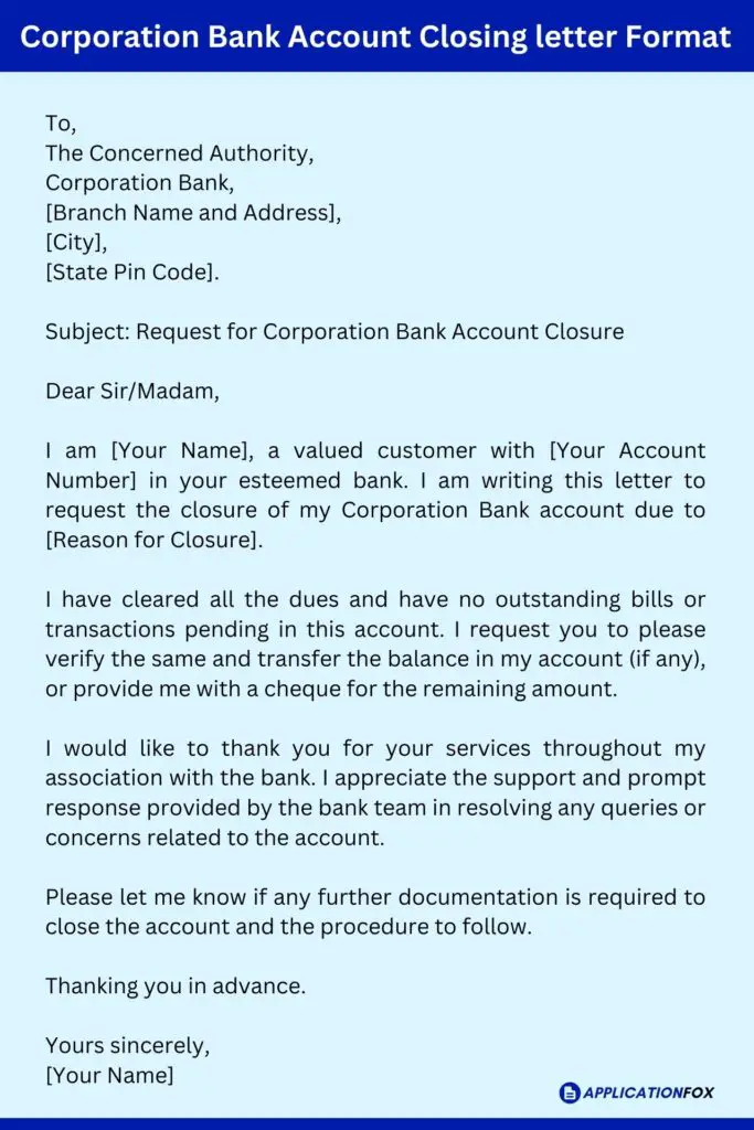Corporation Bank Account Closing letter Format