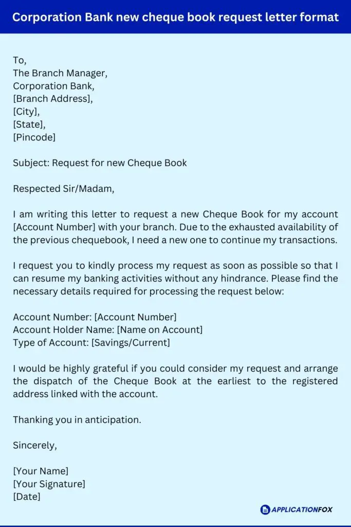 Corporation Bank new cheque book request letter format