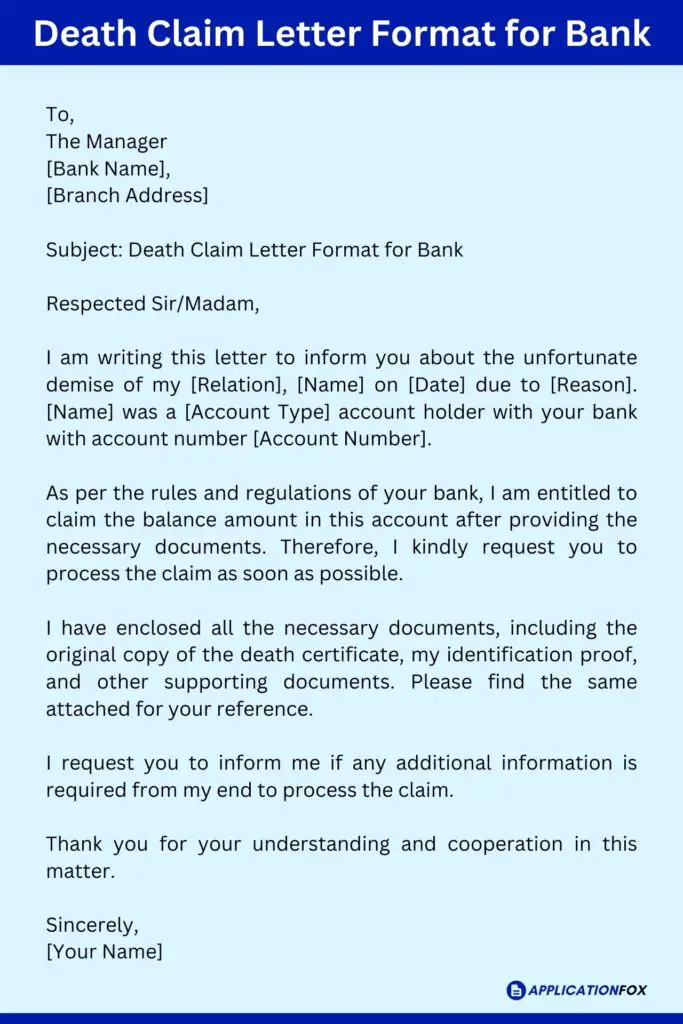 Death Claim Letter Format for Bank