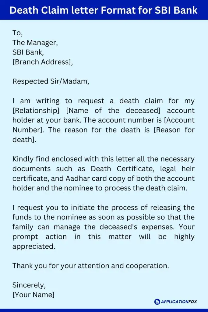 Death Claim letter Format for SBI Bank