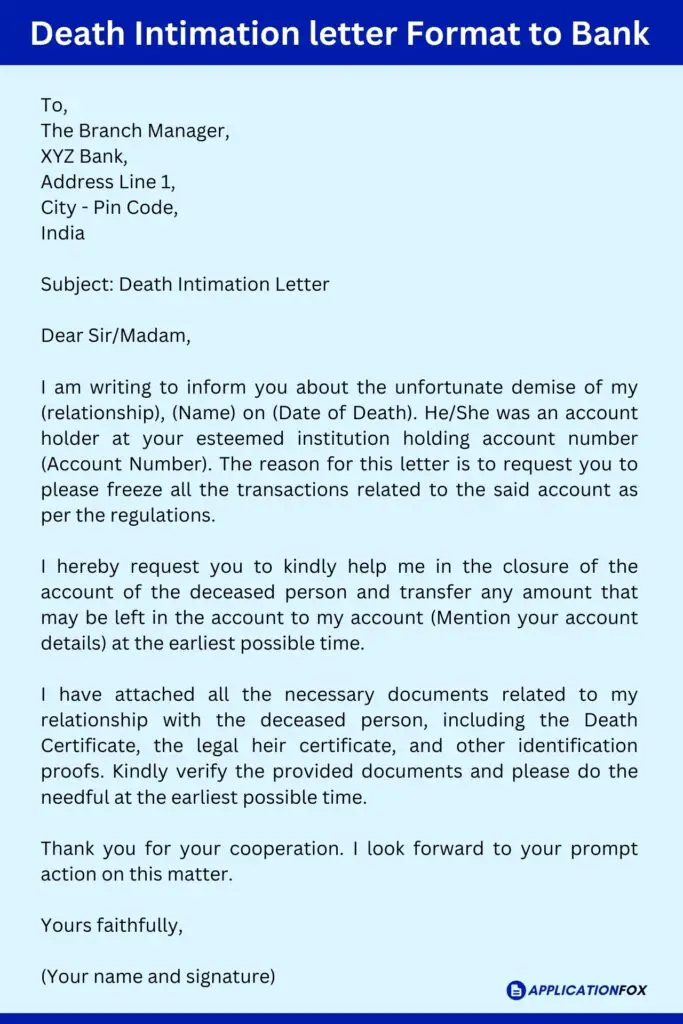 Death Intimation letter Format to Bank
