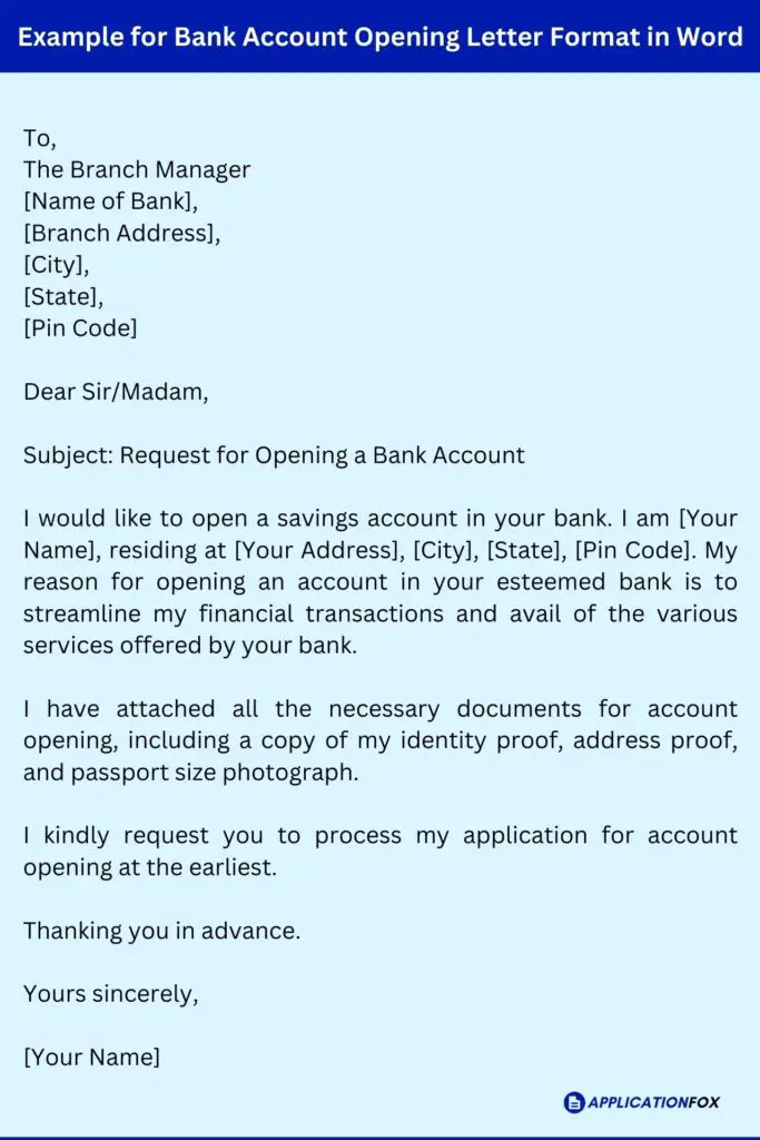 Example for Bank Account Opening Letter Format in Word