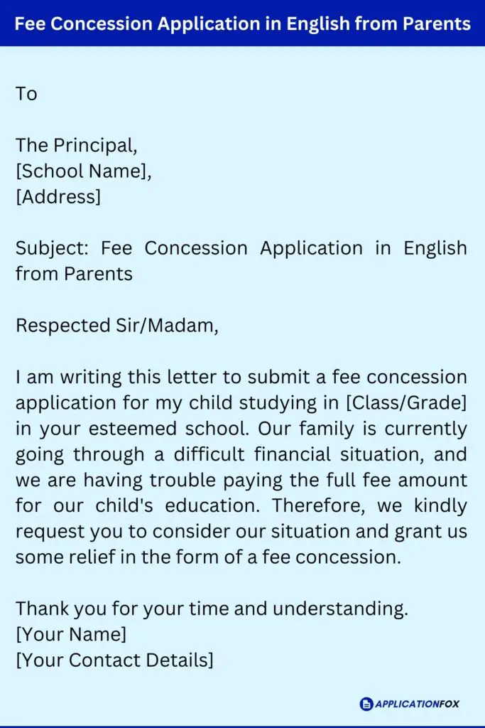 Application for Fee Concession Due to Financial Problems