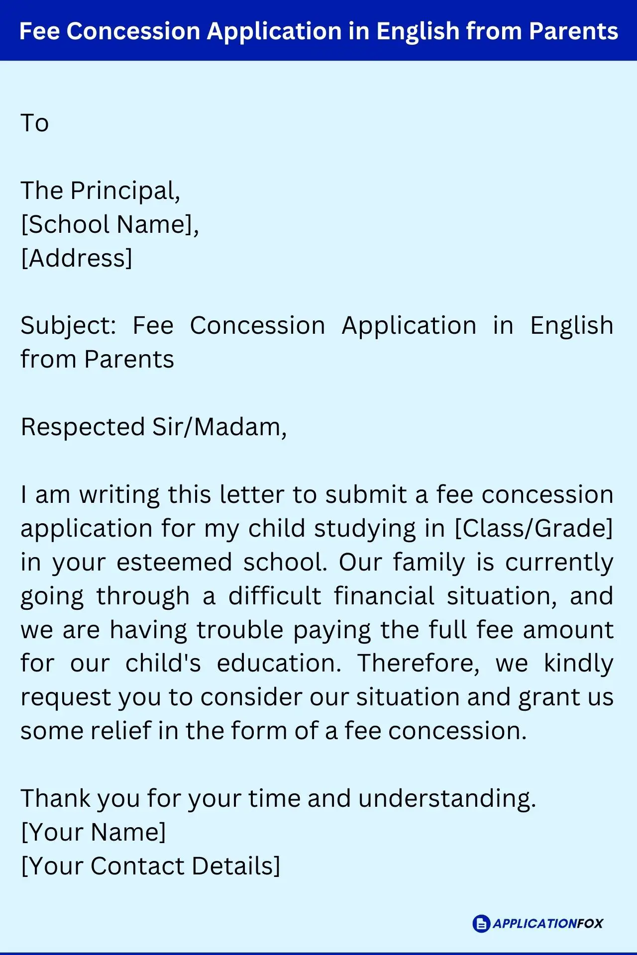 Fee Concession Application in English from Parents