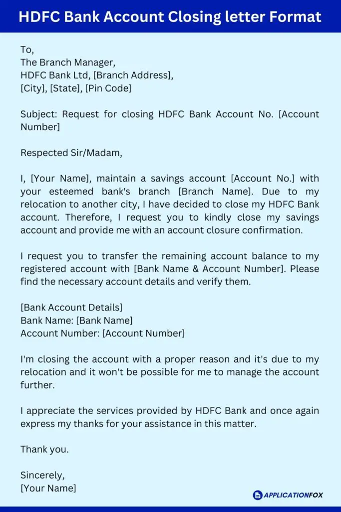 HDFC Bank Account Closing letter Format