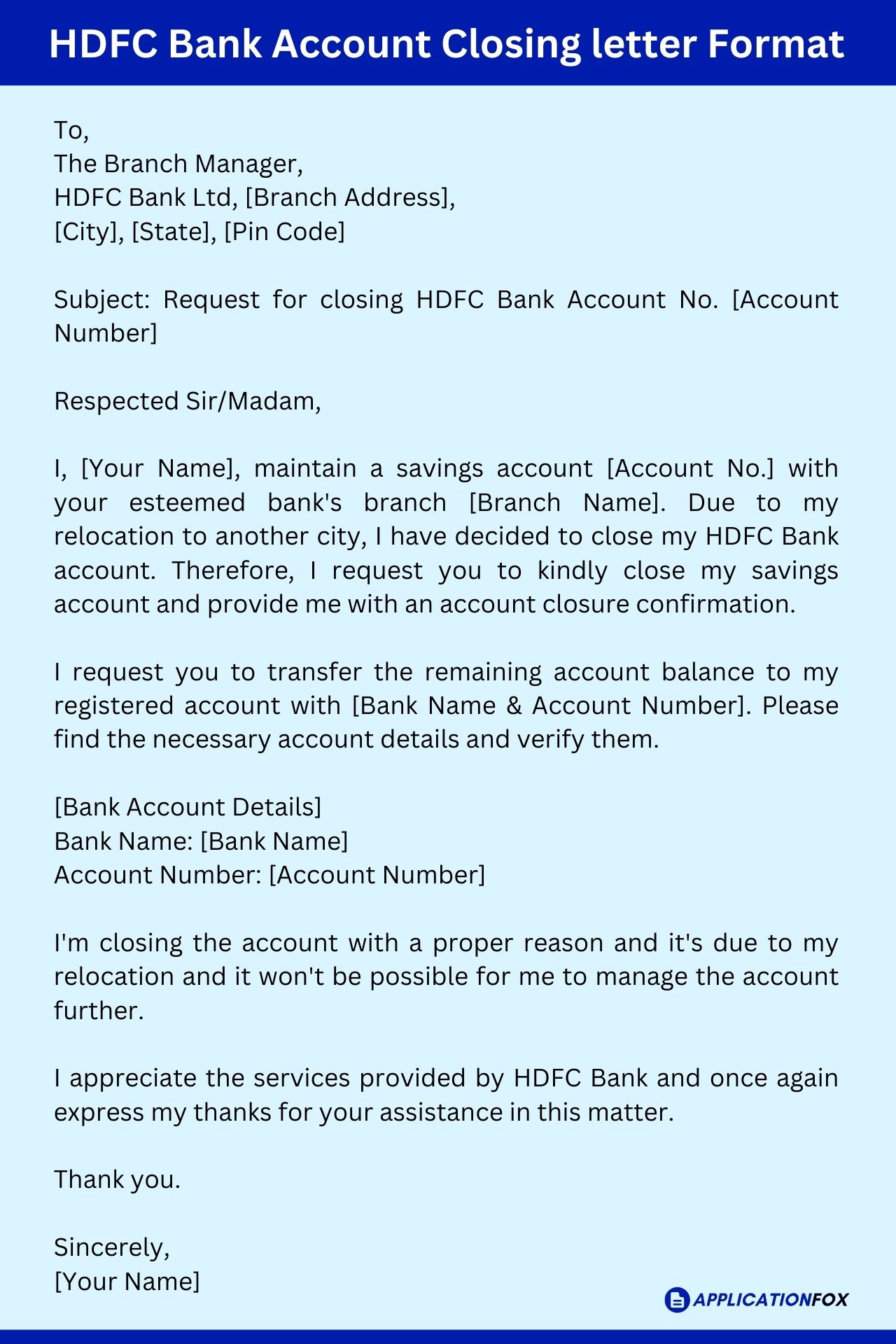 sample application letter for closing company bank account