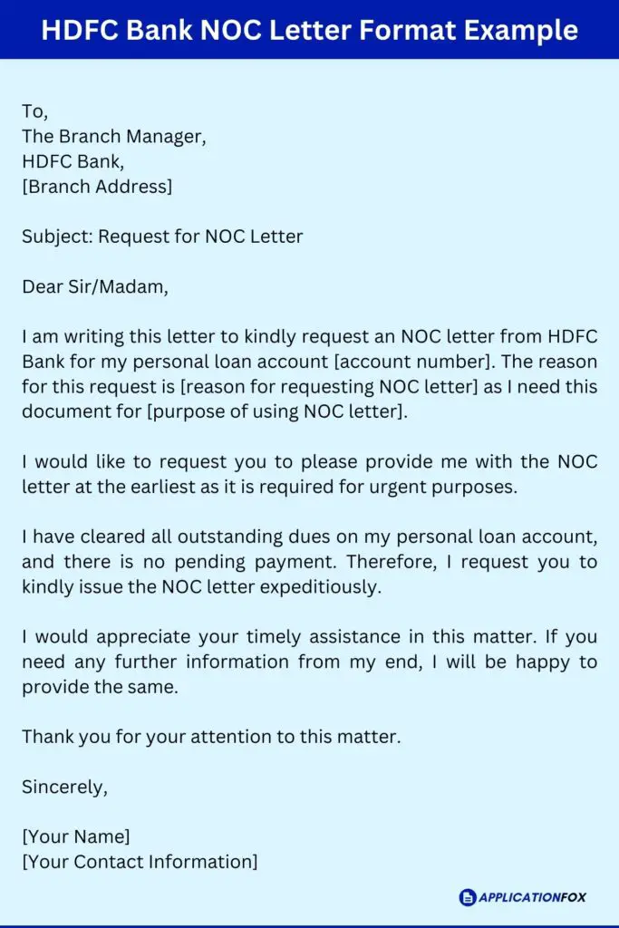 HDFC Bank NOC Letter Format Example
