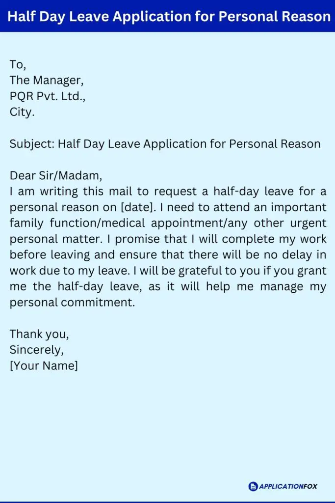 Half Day Leave Application for Personal Reason