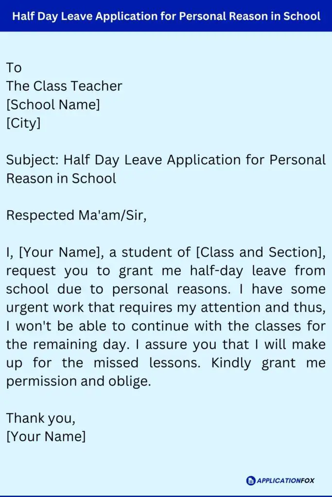Half Day Leave Application for Personal Reason in School