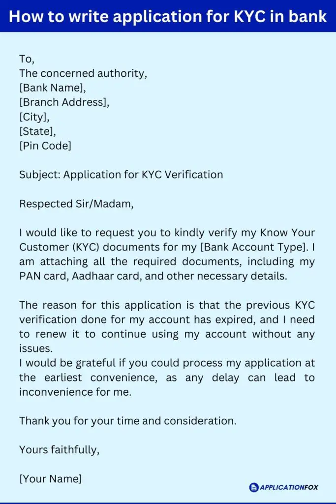 How to write application for KYC in bank
