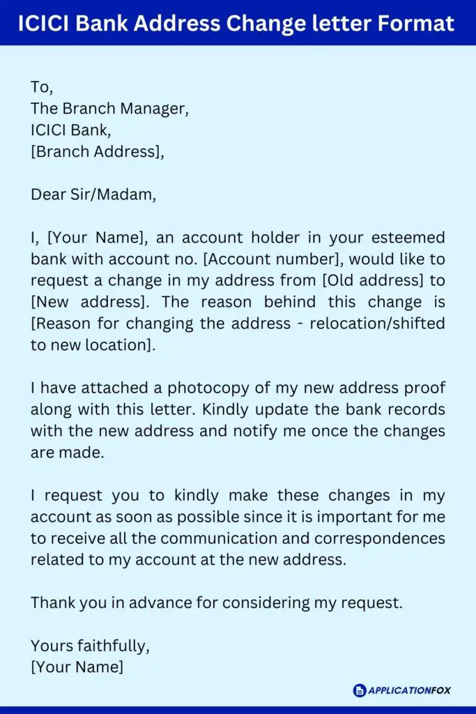 ICICI Bank Address Change letter Format