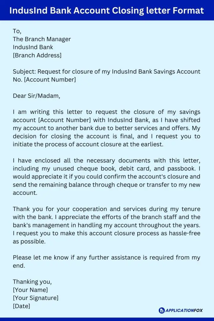 IndusInd Bank Account Closing letter Format