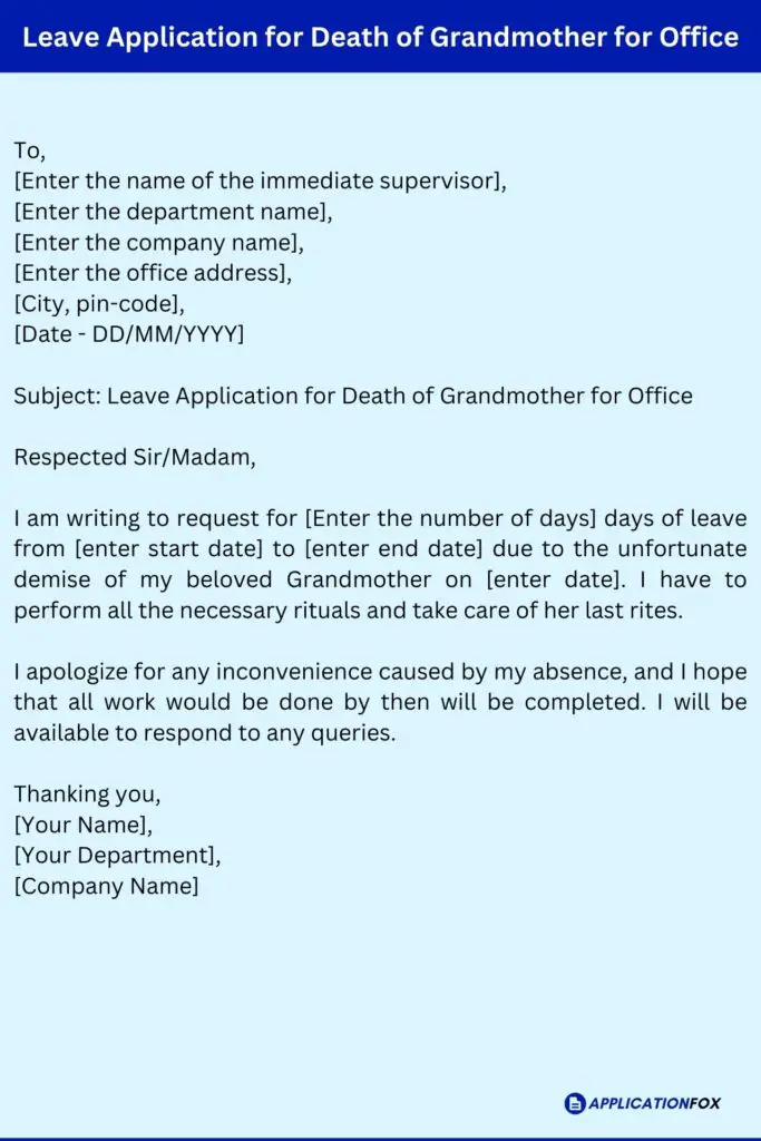 Leave Application for Death of Grandmother for Office