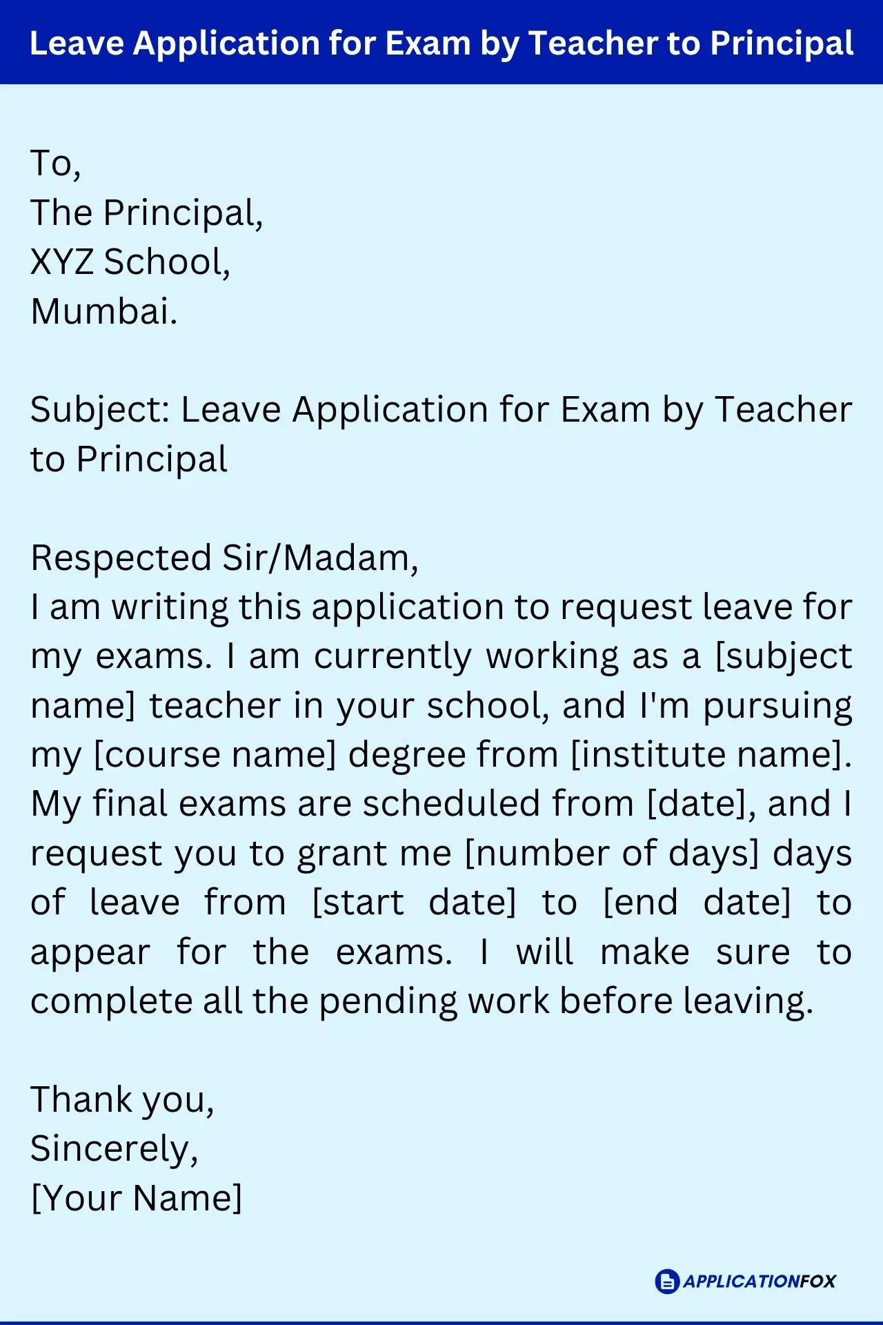 Leave Application for Exam by Teacher to Principal