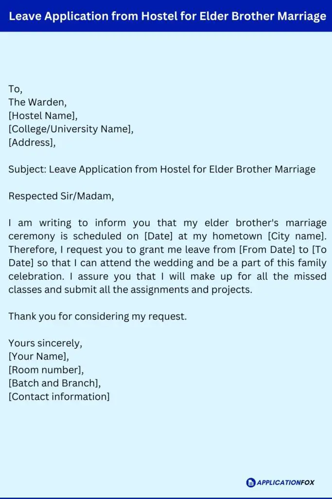 Leave Application from Hostel for Elder Brother Marriage