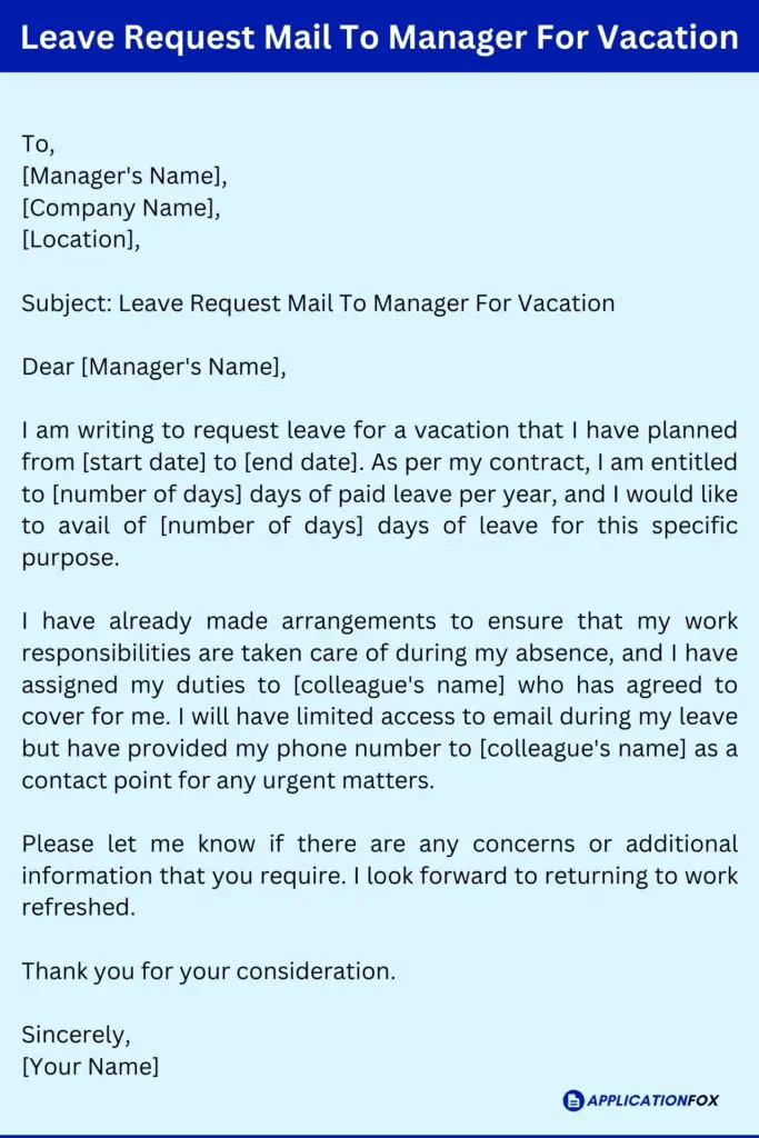 Leave Request Mail To Manager For Vacation