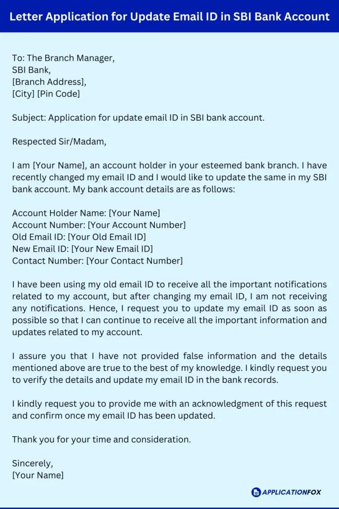 Letter Application for Update Email ID in SBI Bank Account