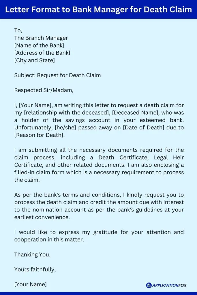 Letter Format to Bank Manager for Death Claim