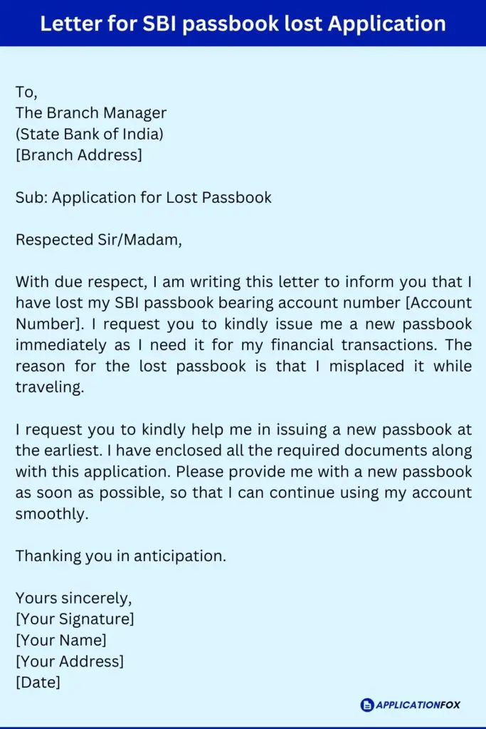 Letter for SBI passbook lost Application