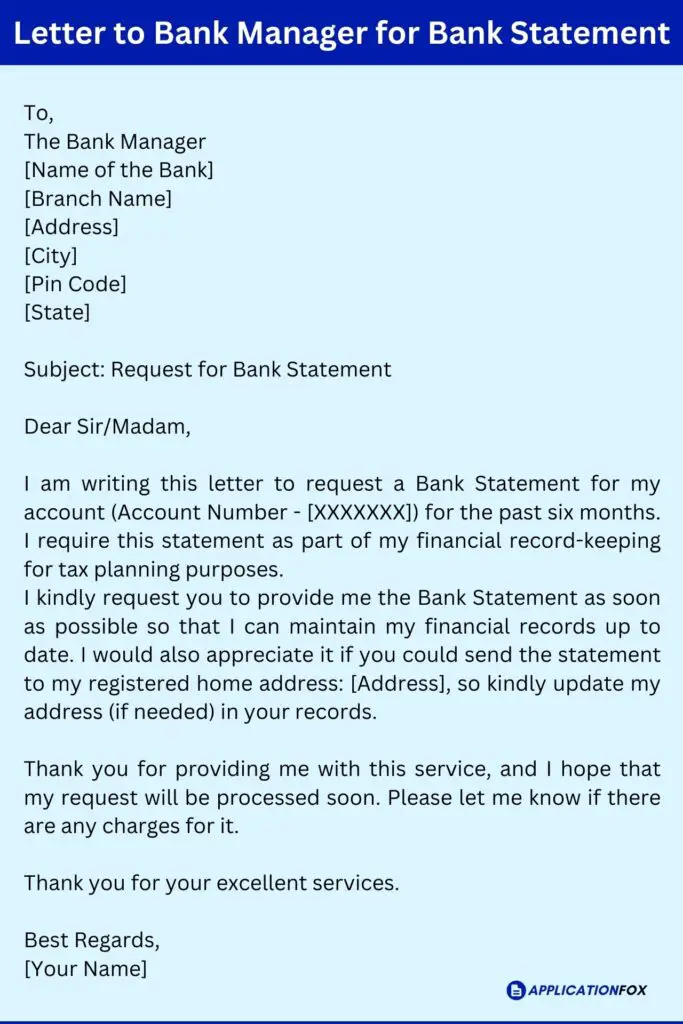 Letter to Bank Manager for Bank Statement