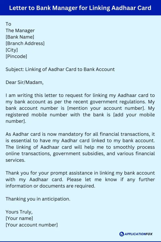 Letter to Bank Manager for Linking Aadhaar Card