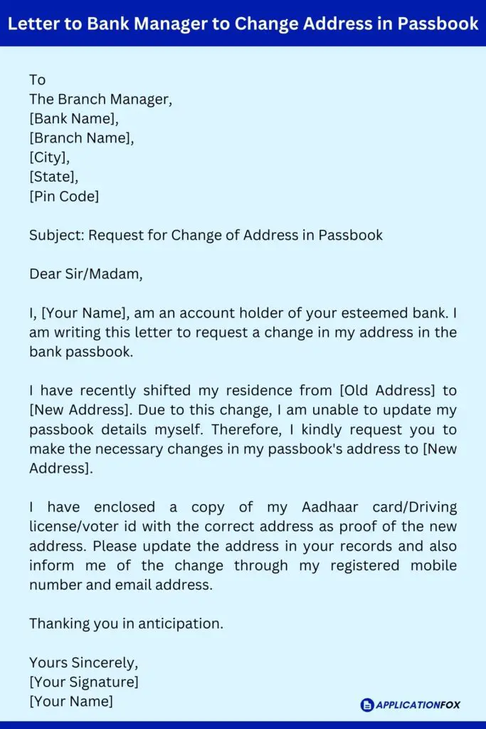Letter to Bank Manager to Change Address in Passbook