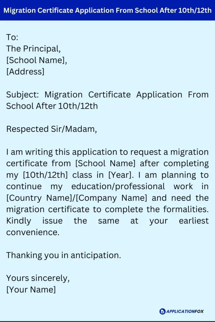 Migration Certificate Application From School After 10th/12th