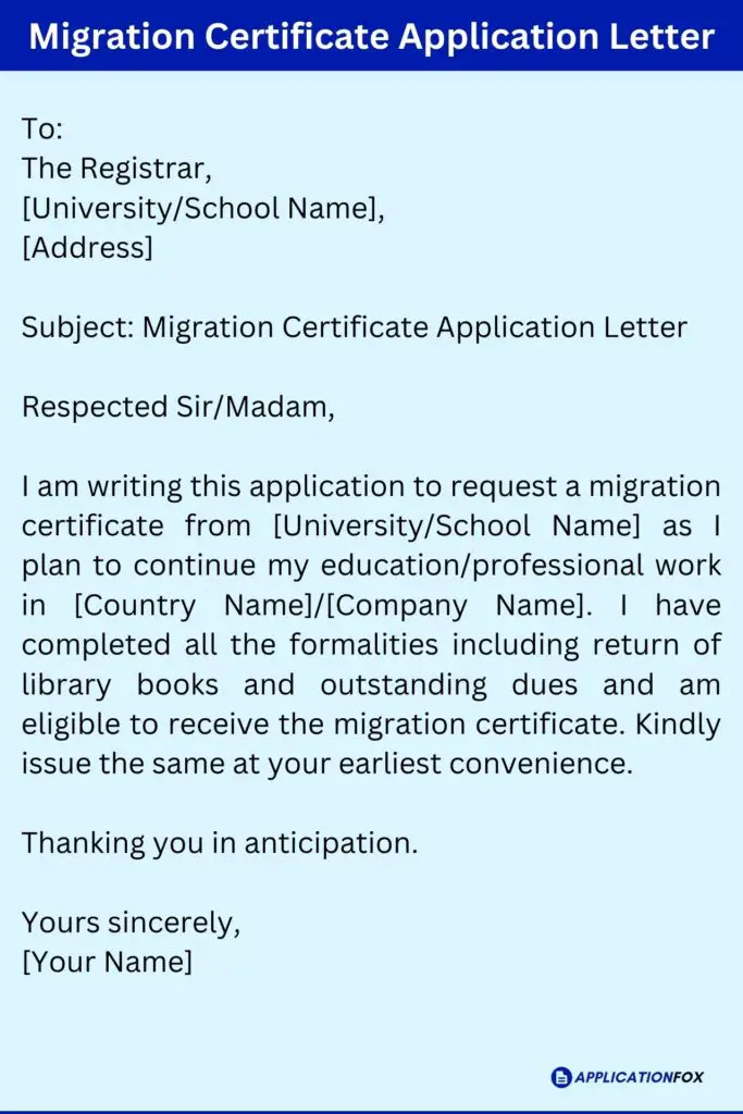 Migration Certificate Application Letter