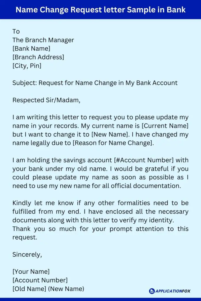 Name Change Request letter Sample in Bank